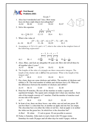 Archimedes Math Competition 2021 First Test Grade 7 - K12 Math Contests