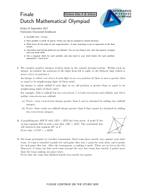 Dutch Mathematical Olympiad 2017 Final Round Klas 4 - K12 Math Contests