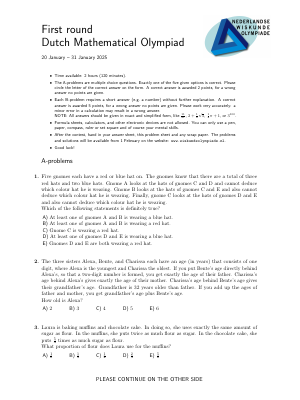 Dutch Mathematical Olympiad 2025 First Round - K12 Math Contests