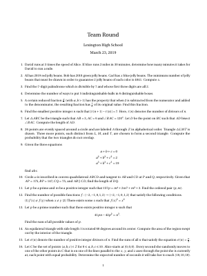 Rickards Invitational Math Lexington Math Tournament 2019 Spring Team Round - K12 Math Contests