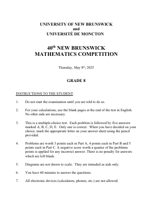 Nb Math Competitionm New Brunswick Mathematics Competition 2025 Grade 8 - K12 Math Contests