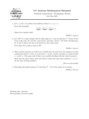Austrian Mathematical Olympiad 2020 National Competition Preliminary ...