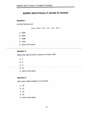 SASMO 2016 Primary 5 - K12 Math Contests