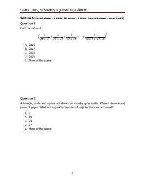 Nicolas Ryneski Math Simoc SIMOC 2019 Grade 10 - K12 Math Contests