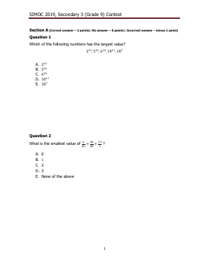 Nicolas Ryneski Math Simoc SIMOC 2019 Grade 9 - K12 Math Contests